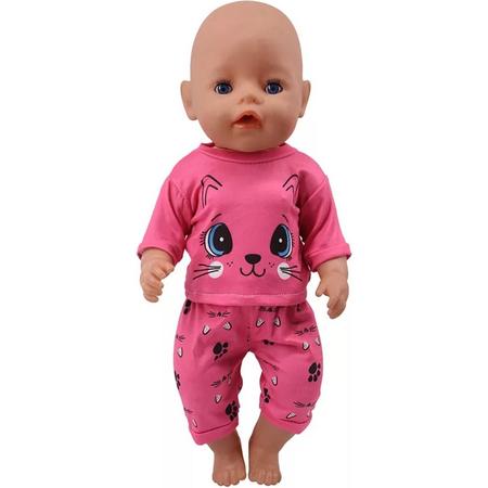 Poppenkleertjes - Geschikt voor Baby Born - Roze pyjama set - Kat - Jongen of meisje pop